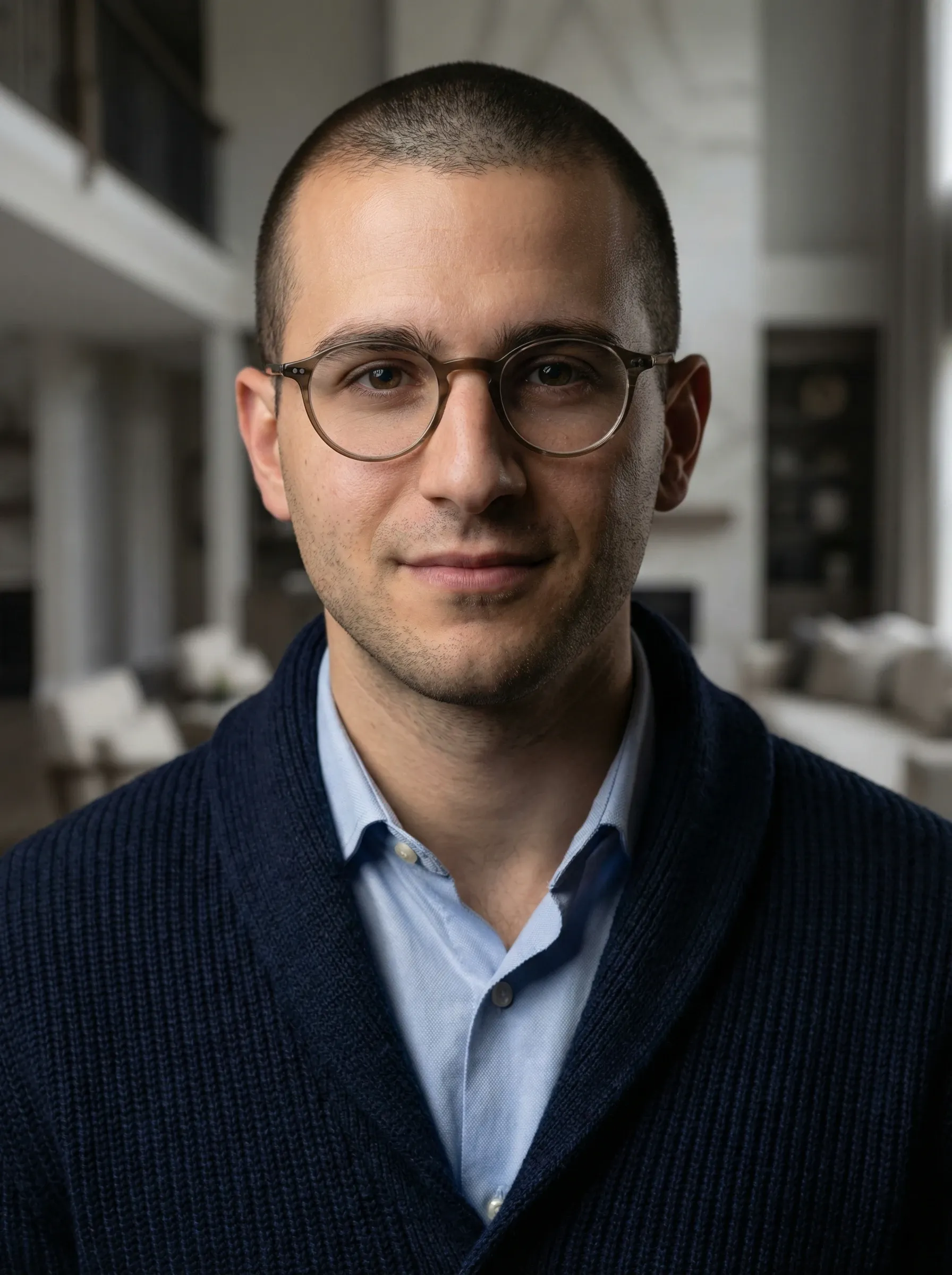 AI broker headshot — man in a navy shawl cardigan and light blue shirt in a staged living room